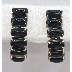 Earrings Vintage Black Glass Curved Crescent 50s 70s Paddle Back Hinge Rare Read